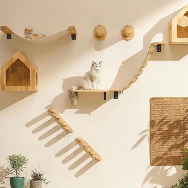 Arbre à chat grimpant, étagères murales en bois pour chat, meubles de saut, poteau à gratter, hamac, escaliers, cadre d'escalade