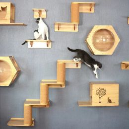 Scratchers Muebles de gato Scratchers Medón de madera sólida Mural montada en gato Plataforma de salto de dos capas Escalera Muebles de hamaca para gatos Cat Clubin