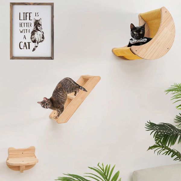 Grattoirs pour chat, hamac mural, étagères d'escalade en forme de lune et perchoirs, échelle en bois massif, marches pour activités d'intérieur, meubles muraux pour chats