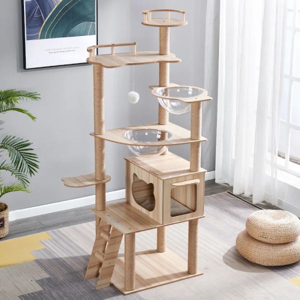 Rascadores Torre para gatos con tazón Cesta para árbol para gatos Cama de juguete Casa con hamaca Túnel de condominio grande Hogar Rampa transparente Nido al aire libre Suministros de madera para mascotas