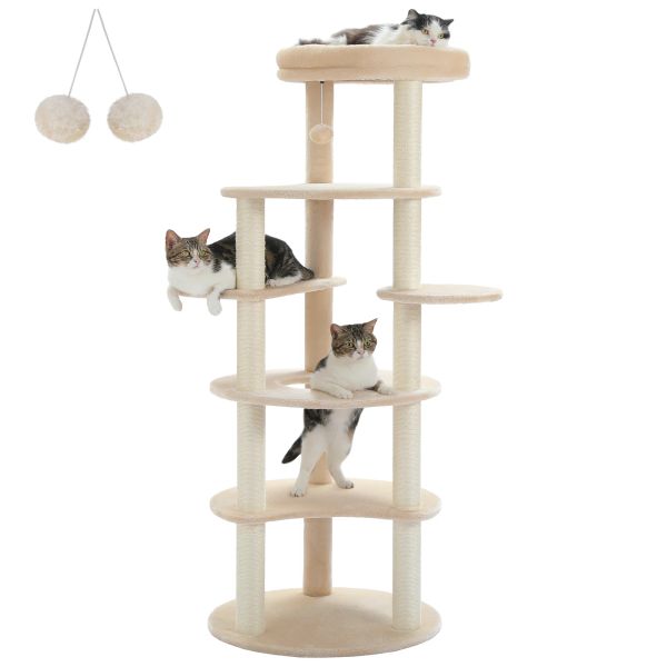 Arbre à chat à gratter pour chats d'intérieur, tour d'escalade pour chat avec 9 griffoirs en sisal, sol de jeu circulaire et perchoir à boule pendante remplaçable