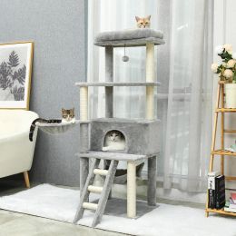 SCRACKERS Cat Tree Tail Scratching Sisal Post Multinilve Pet Tree Tree avec un lit de hamac à l'échelle de chat Extra Large Perch avec balle de jouet