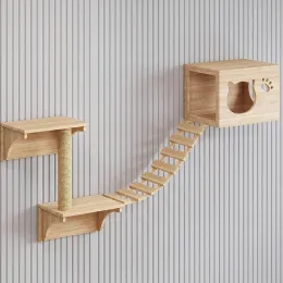 Scratchers Étagère murale pour chat Cadre d'escalade pour chat Plate-forme de saut DoubleDeck 1M Échelle de corde Meubles en bois pour animaux de compagnie Chat se reposant et jouant