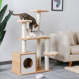 Scratchers Entrega rápida Pet Gato Torre Torre Torre Condominio de madera con poste de rayado para gatos Juguetes de árbol trepadores Protección de muebles Nido