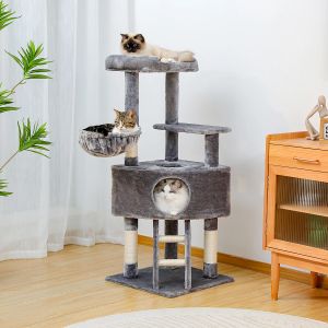 Rascadores H120CM Condominio de árbol para Gatos para Interiores Cepillo de Aseo automático Poste rascador de Sisal Casa de Percha Suave y Juguete de Bola Colgante Acogedor Hummock