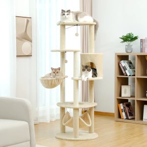 Krabpalen H152CM Grote Krabpaal Toren Condo Zitstok Sisal Krabpalen voor Kitten MultiLevel Toren met Volledig Bal Hummock Grijs Beige