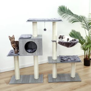 SCRACKERS CHAT CAT Tree House Kitten Sauting Natural Scratch Post pour chaton suspendu boule de chat multifonctionnel Tour spacieuse hamac