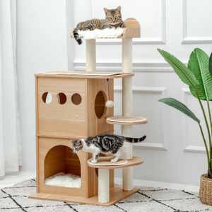 Arbre à chat moderne en bois à plusieurs niveaux, tour de grattoir pour chat, nid de luxe, cadre d'escalade, condos confortables, Version plus profonde, balles suspendues