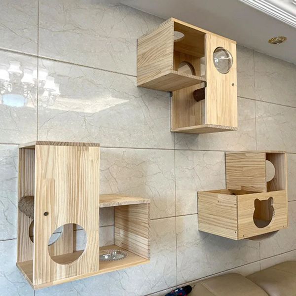 Rascadores de madera maciza para gatos, marco de pared de bricolaje, columna de agarre, plataforma de salto, módulo espacial, árbol para gatos nido, muebles