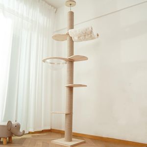 Grattoirs à chat modernes en bois massif, tour d'arbre à chat avec poteau à gratter en sisal naturel, centre d'activité pour chat (avec accessoires)