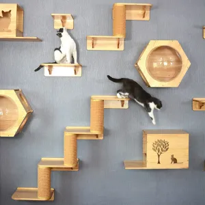 Arbre à chat mural en bois massif, grattoir, plate-forme de saut à Double couche, échelle, hamac pour chat, meubles, cadre d'escalade