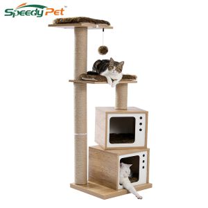 SCRAYERS Cat Wood Cat Tower Modern Cat Tower Scratting Post Post Multiryer Platform Activity Center avec balle interactive et tapis amovibles