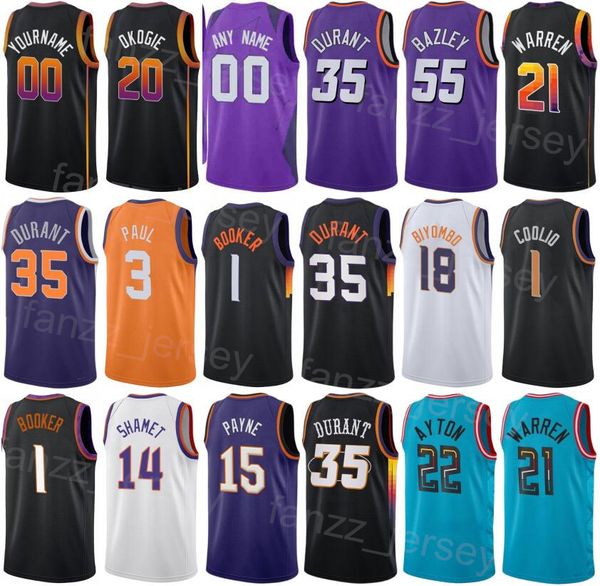 Print Earned Statement Basketball Kevin Durant Jersey 35 TJ Warren 21 Darius Bazley 55 Chris Paul 3 Devin Booker 1 DeAndre Ayton 22 Violet Orange Blanc Équipe Hommes Enfants