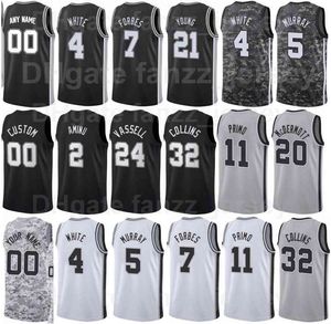 Schermdruk Basketbal Dejounte Murray Jerseys 5 Thaddeus Young 21 Derrick White 4 Bryn Forbes 7 Zach Collins 32 Keldon Johnson 3 Team Kleur Zwart Grijze Mannen Dames Kids