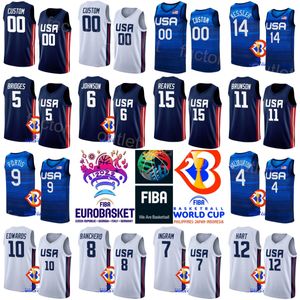 Gedrukt National Team Basketball US 8 Paolo Banchero Jersey Wereldbeker 13 Jaren Jackson Jr. 4 Tyrese Haliburton 11 Jalen Brunson 15 Austin Reaves 9 Bobby Portis Bridges