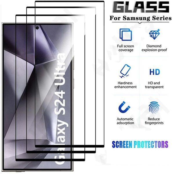 Protecteur d'écran pour Samsung Galaxy S24 Plus S24 S24 Ultra S23 plus S22, déverrouillage par empreinte digitale, verre trempé 0,18 mm, film 2.5D, bord noir, couverture complète, oppbag premium