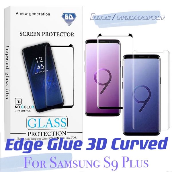 Protecteur d'écran pour Samsung Galaxy S9 Note 8 Plus Edge Glue Verre trempé incurvé 3D avec emballage de vente au détail