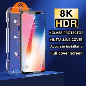 Upgrade 8K Oleofobe coating Stofvrije schermbeschermer voor iPhone 15 14 13 12 11 Pro Max XS X 15Plus Gemakkelijk te installeren Auto-stofverwijderingsset Gehard glasfilm + doos