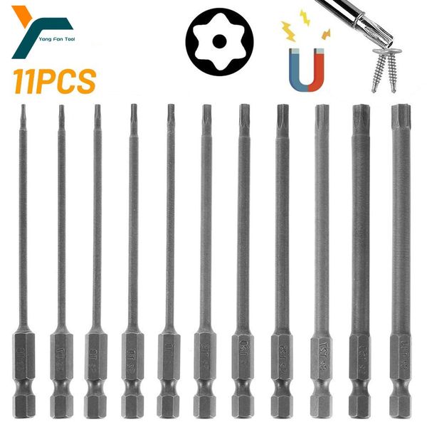 Destornilladores 11 piezas Punta de destornillador Torx 1/4 '' Vástago hexagonal Cabeza de estrella 100 mm Broca de destornillador de viento Llave de taladro Enchufe magnético T15 T20 T25 T27 T30 T40 230914