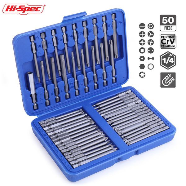 Destornilladores Hi-Spec Juego de puntas de destornillador magnético largo de 75 mm 50 piezas Destornillador hexagonal Torx Juego de puntas de seguridad Extensión Herramienta de mano de cambio rápido 230726