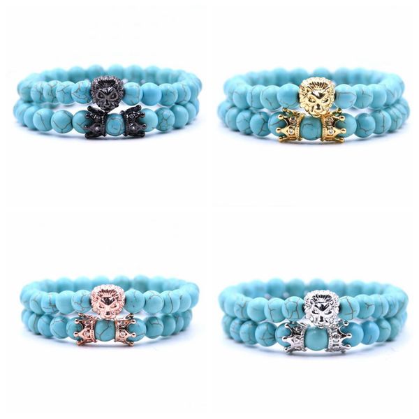 Gommage 2 pièces ensemble de Bracelets Micro incrustation Double couronne cuivre tête de Lion Bracelet hommes et femmes Couple Bracelet en corde tressée