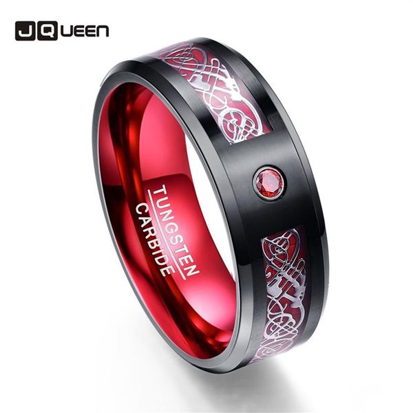 Gommage rouge Zircon hommes anneaux pur carbure de tungstène bandes de mariage Anillos Para Hombres anneau avec motif de Dragon de couleur argent 201006197S