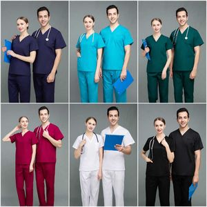 Costumes de gommage couleur unie unisexe, robe chirurgicale avec poche, col en v, ensemble de jogging pour femmes, ensemble uniforme d'hôpital pour animaux de compagnie