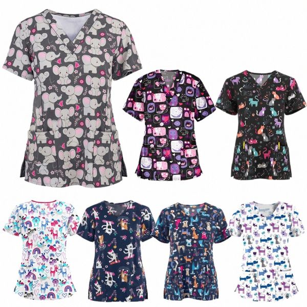 Scrub Tops Mujeres de manga corta con cuello en V Tops Uniforme de enfermera Carto Imprimir Blusa de trabajo Camisetas de las señoras Uniforme Enfermera Mujer n7c9 #