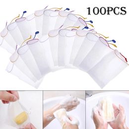 Scrubbers 100/50 stcs Soap Bubble Net Hangable Mesh Bag Douchegel Gezichtsreiniger Rich Bubble Foaming Skin Reinigingsgereedschap