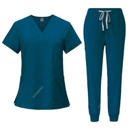 Scrubs set uniformen stretch scrub tops met pocket broek verpleegkundige uniform dokter chirurgie overalls schoonheid salon werkkleding 240527
