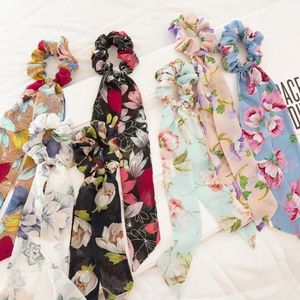 Scrunchies Hair Ties Sjaal Chiffon Floral Long Bow Streamer Elastische Lint Haarbanden Accessoires Paardenstaart Houder 6 Kleuren Optioneel