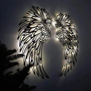 Sculpturen 1 paar Angel Wings Metal Wall Art With Led Lights Angel Wall Art Sculpture Angel Feather Wings Photography Art Sculpture