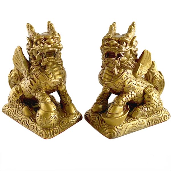 Esculturas 1 par de Bronce Antiguo Chino Bestia mítica Qi Lin Estatua Cobre Adornos de Animales Lucky Home Feng Shui Decoraciones para Sala de Estar