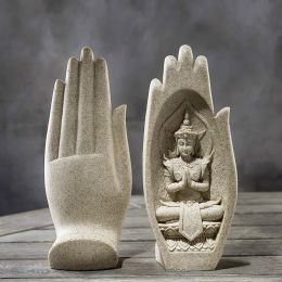 Sculpturen 1 paarhars Zen Zen Boeddha Hand voor thuiskantoor Decor Artistic Sculpture Peaceful India Mandala Monk Figurine Statue Temple