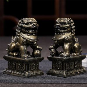 Esculturas 2 Piezas Leones Chinos Estatuas de Buda Adornos de Bronce Piedra de Jade Hecha por el Hombre Fu Foo Perros Escultura Figuras Estatuas Decoración del hogar