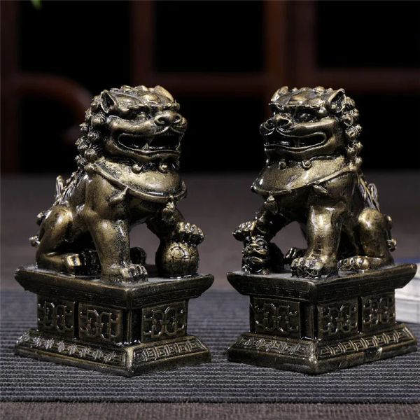 Sculptures 2 pièces Lions chinois Statues de bouddha ornements en Bronze pierre de Jade artificielle Fu Foo chiens Sculpture Figurines Statues décoration de la maison