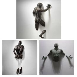 Sculptures 3D à Travers Le Mur Figure Sculpture Art Bronze Statue Courant Personnage Résine Tenture Murale Maison Chambre Décoration Cadeau