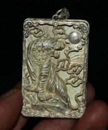 Sculpturen 6 Cm Zeldzame Chinese Miao Zilveren Feng Shui 12 Zodiac Jaar Tijger Geluk Amulet Hanger