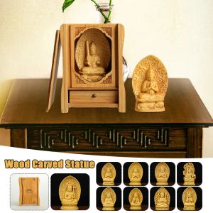 Sculptures 7 cm Mini Petit Guan Yin Bois Bouddha Statue Buis Dragon Guanyin Bodhisattva Sculpture en Bois Massif Feng Shui Décor À La Maison