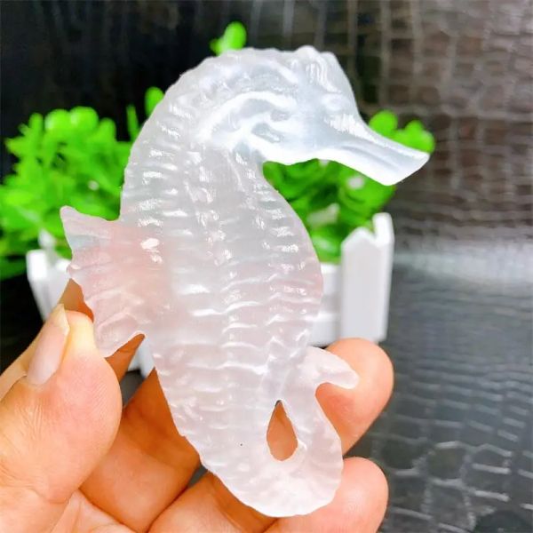 Sculptures 8.7CM Naturel Sélénite Hippocampe Cristal Sculpture Animale Guérison Énergie Pierre Mode Décoration De La Maison Cadeau 1 pièces