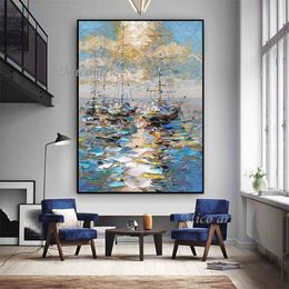 Sculptures abstraites paysage de bord de mer lourde texture épaisse peinture à l'huile bateau à voile art peint à la main paysage marin sans cadre mur toile art