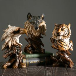 Sculptures Américain Rétro Simulation Tête D'animal Statue Loup Lion Tigre Aigle Cheval Sculpture Maison Salon Chambre Bibliothèque Décoration