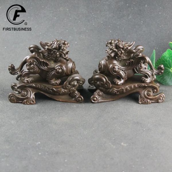 Esculturas Bronce Antiguo Estatua de Bestia mítica China Adornos Grandes Cobre Vintage 1 par Figuras de Pixiu de la Suerte Decoraciones de Escritorio Mascotas de té