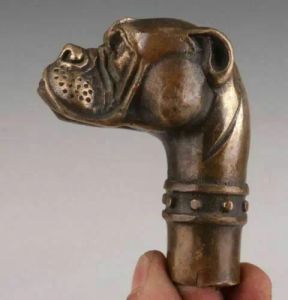 Sculpturen Bronze standbeeld Hond Old Cane Walking Stick Hoofd Handgreep Accessorie Collectie Hoogte 6.7 cm