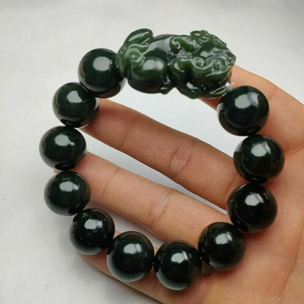 Sculptures certifiées authentique natural vert foncé hétian jade perle pixiu bracelet bracelet