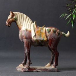 Sculptures chinois rétro imitation antique tang tricolor céramique vitrée brun war cheval porcelaine statue 8.27 "