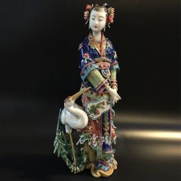 Sculptures décor de style chinois céramique artisanat décoration de maison classique émail belle femme statue dame grue art sculpture