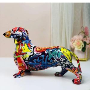 Sculpturen Kleur Graffiti Teckel Hond Sculptuur Ornament Dier Standbeeld Woonkamer Woondecoratie Kantoor Desktop Sieraden Hars Ambachten