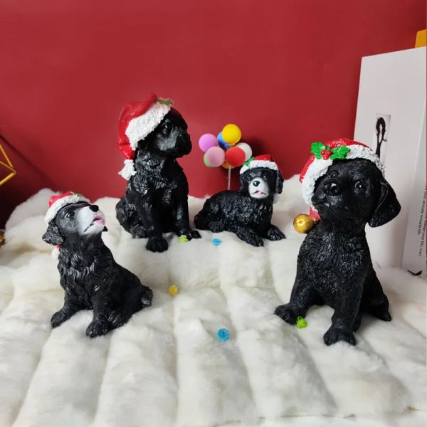 Sculptures Chiot noir créatif avec chapeau de Noël Statue de chien drôle Figurine Sculpture en résine Home Office Bar Store Décoration Ornement Cadeau