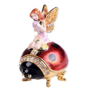 Sculptures fée sur la boîte à bibliothèque de ladybug, porte-boucles à anneau, ornements de collection, cadeaux d'anniversaire